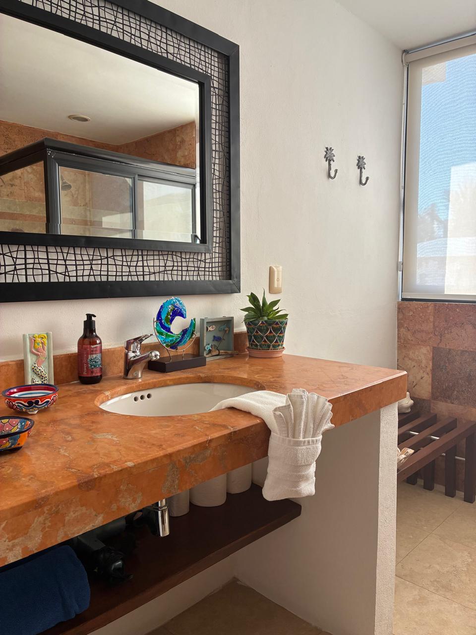 Baño con lavabo de mármol y decoración